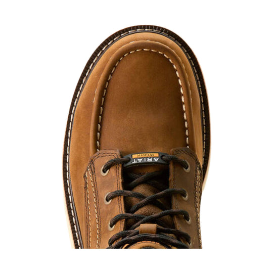 Brown leather moc toe work boot with black laces and white contrast stitching