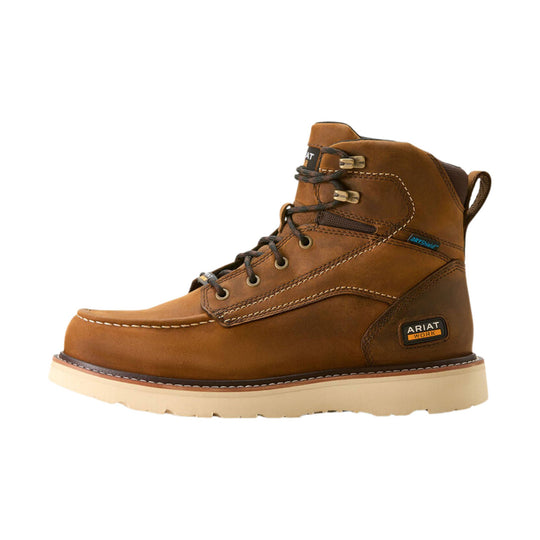 Brown leather lace-up work boot with wedge sole and side pull tab, labeled ARIAT WORK