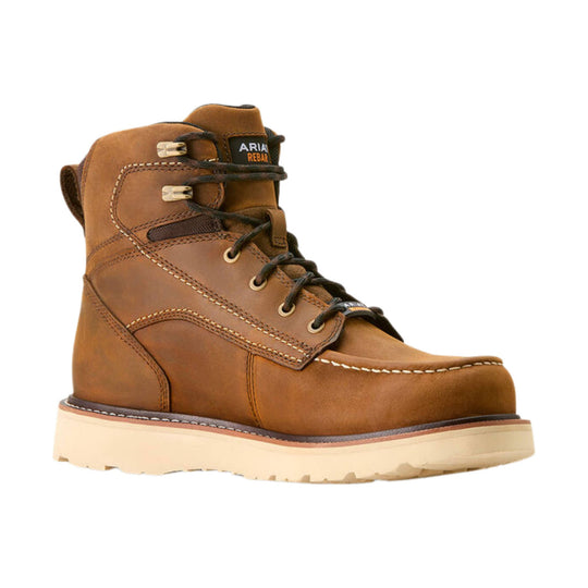 Brown leather lace-up work boot with a cream wedge sole and visible side logo tag