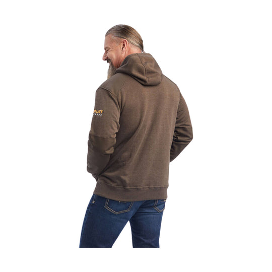 Brown hooded sweatshirt shown from the back with a small logo on the sleeve