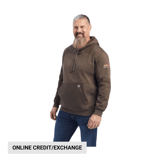 Brown pullover hoodie with drawstring hood and kangaroo pocket, shown on a model