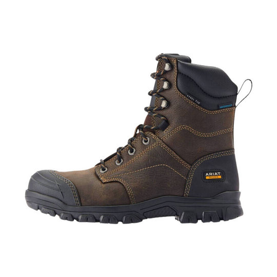 Brown lace-up work boot with black safety toe, padded collar, and lug sole