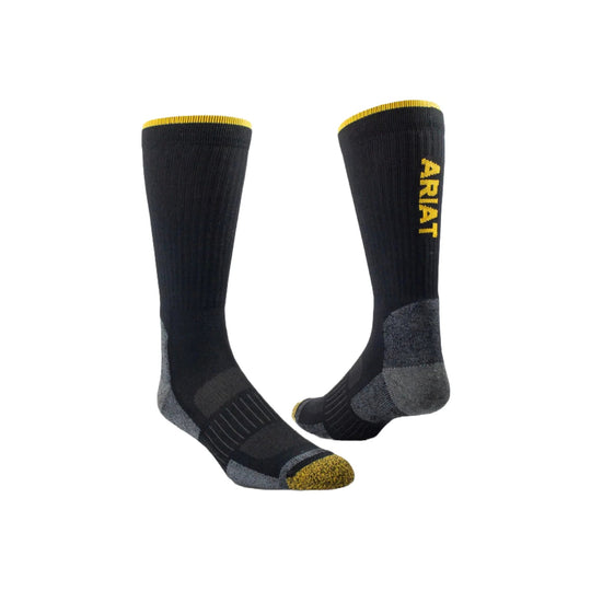 Black knee-high athletic socks with yellow trim and gray heel and toe accents