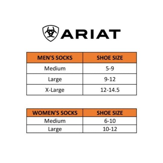 Ariat sock size chart showing men's and women's shoe size ranges