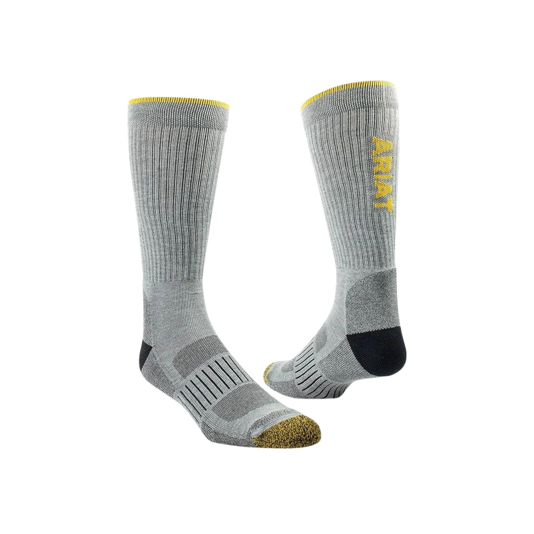 Gray knee-high performance socks with yellow trim and cushioned footbeds, shown in two views