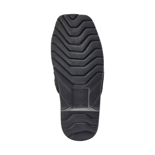 Black slip-resistant shoe sole with wavy tread pattern and Ariat logo at the heel