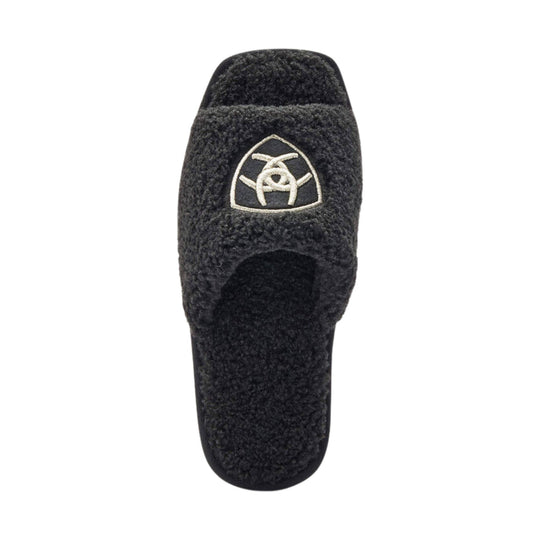 Black fuzzy slide slipper with embroidered logo patch