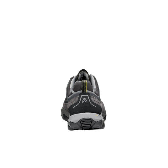 Gray and black hiking shoe shown from the back with a pull tab and rugged tread sole