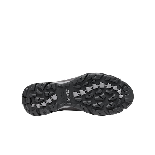Black lugged hiking shoe outsole with gray traction inserts and ASOLO branding