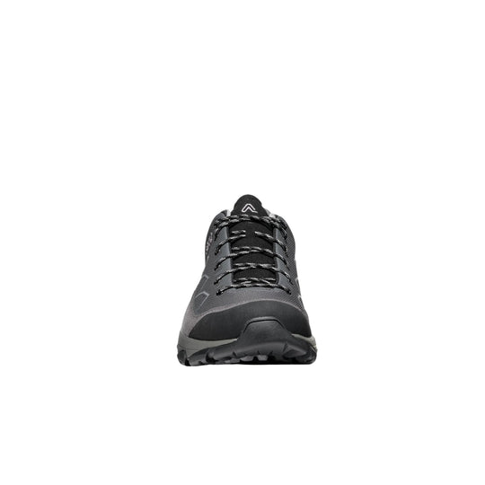 Black and gray hiking shoe with lace-up front and rugged tread, front view