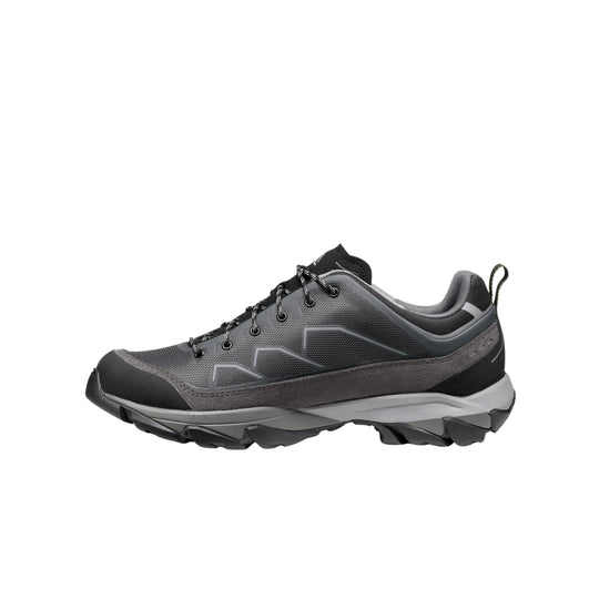 Gray and black low-top hiking shoe with lace-up closure and rugged treaded sole