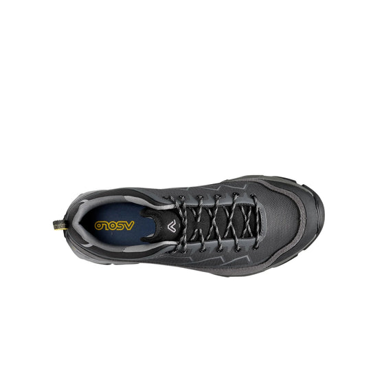 Black and gray low-cut hiking shoe with black laces and yellow Asolo logo on the insole