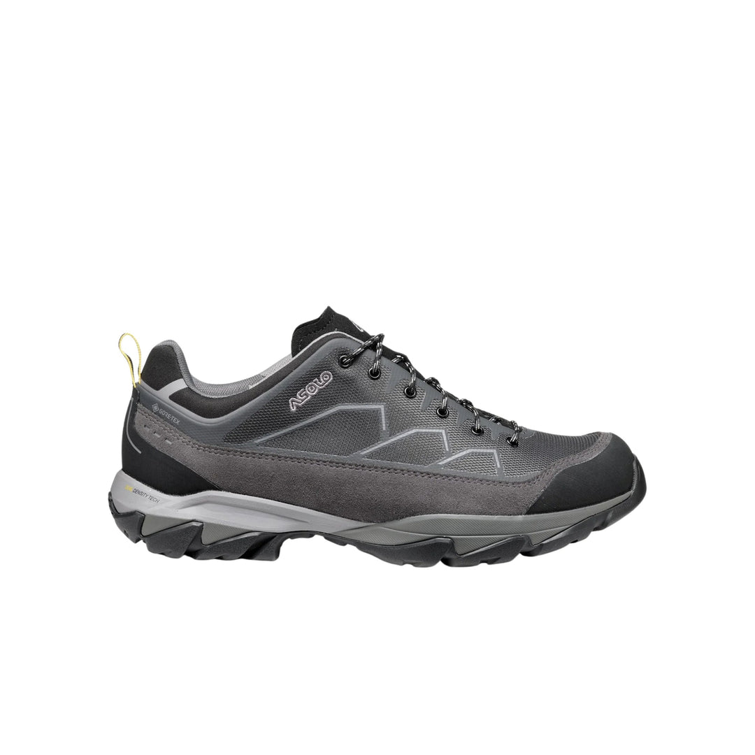 Gray and black low-cut hiking shoe with trail outsole, lace-up closure, and pull tab