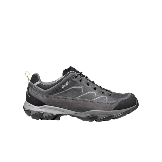 Gray and black low-cut hiking shoe with trail outsole, lace-up closure, and pull tab
