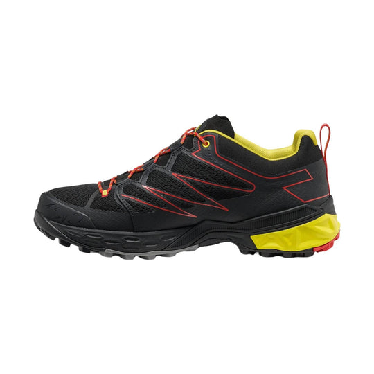 Black and yellow hiking shoe with red accents on a white background