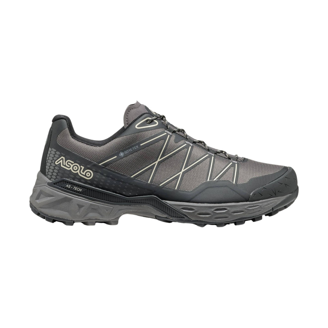 Gray and black low-cut hiking shoe with laces, rugged outsole, and visible ASOLO and GORE-TEX branding