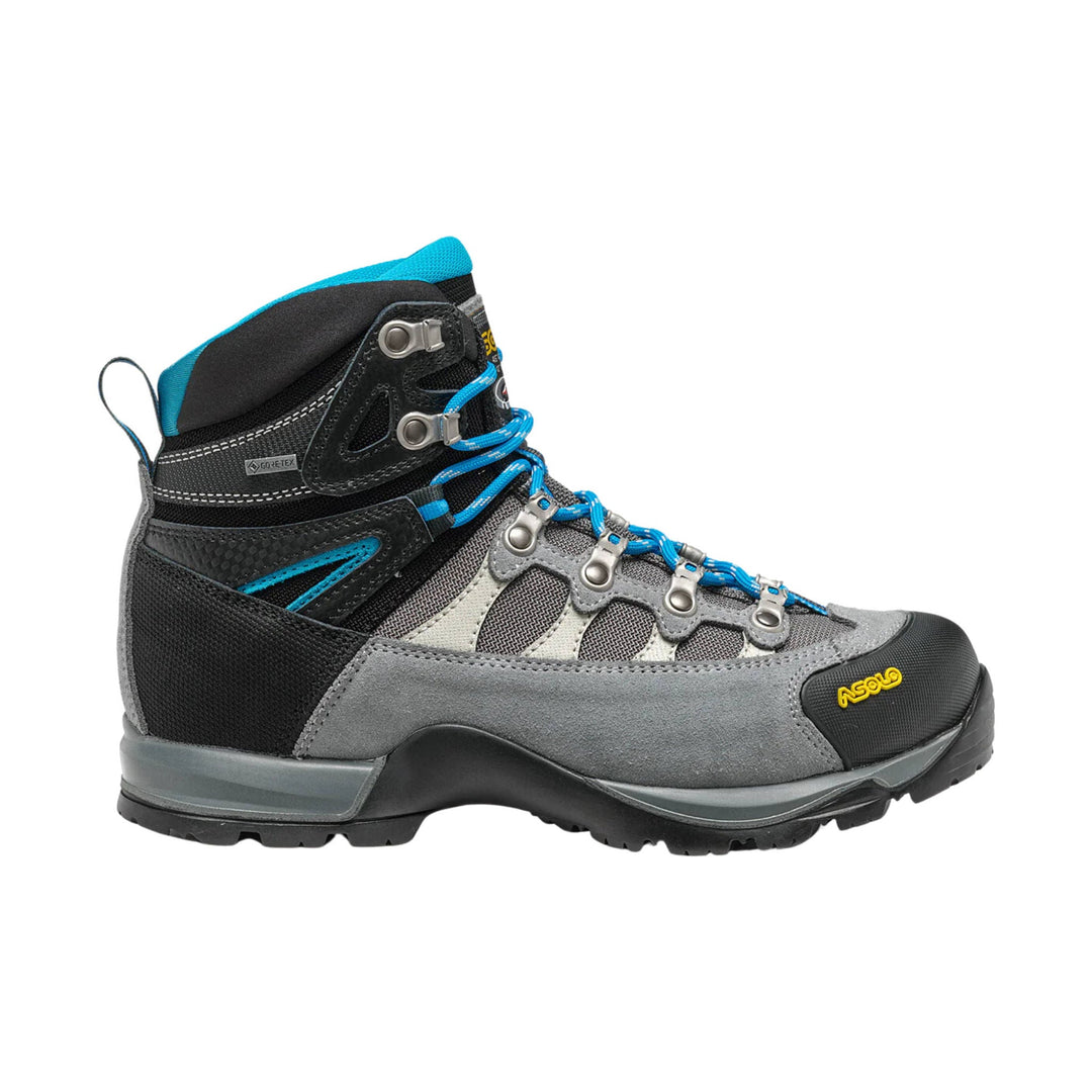 Gray and black ankle-high hiking boot with blue laces and a rugged tread sole