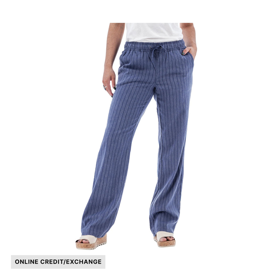 Blue striped wide-leg pants with drawstring waist and front pockets; online credit/exchange