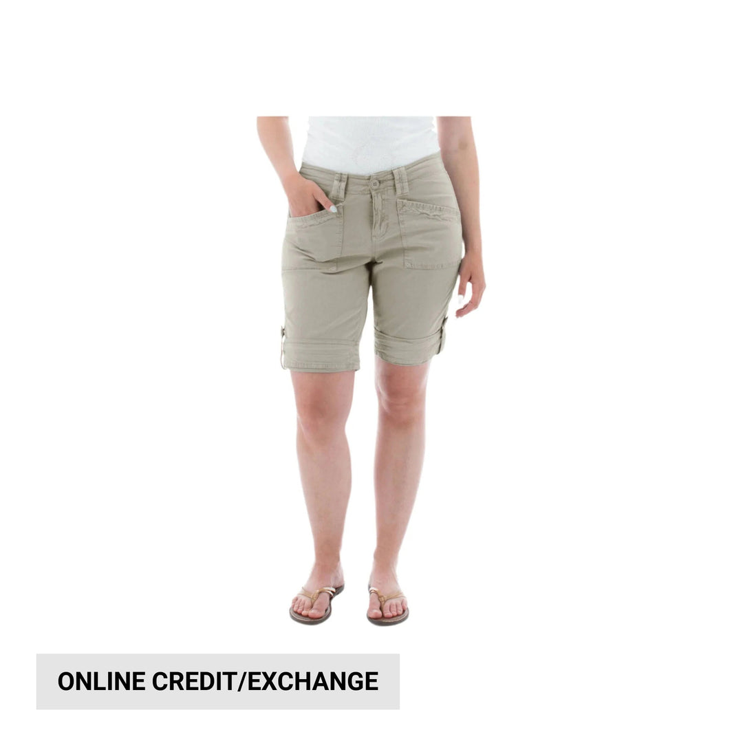 Beige roll-up cargo shorts with front and side pockets