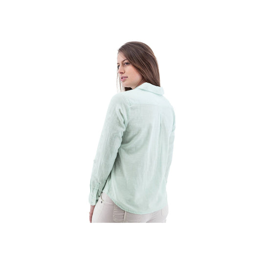 Light aqua long-sleeve button-up blouse shown from the back