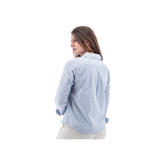 Light blue long-sleeve popover blouse shown from the back
