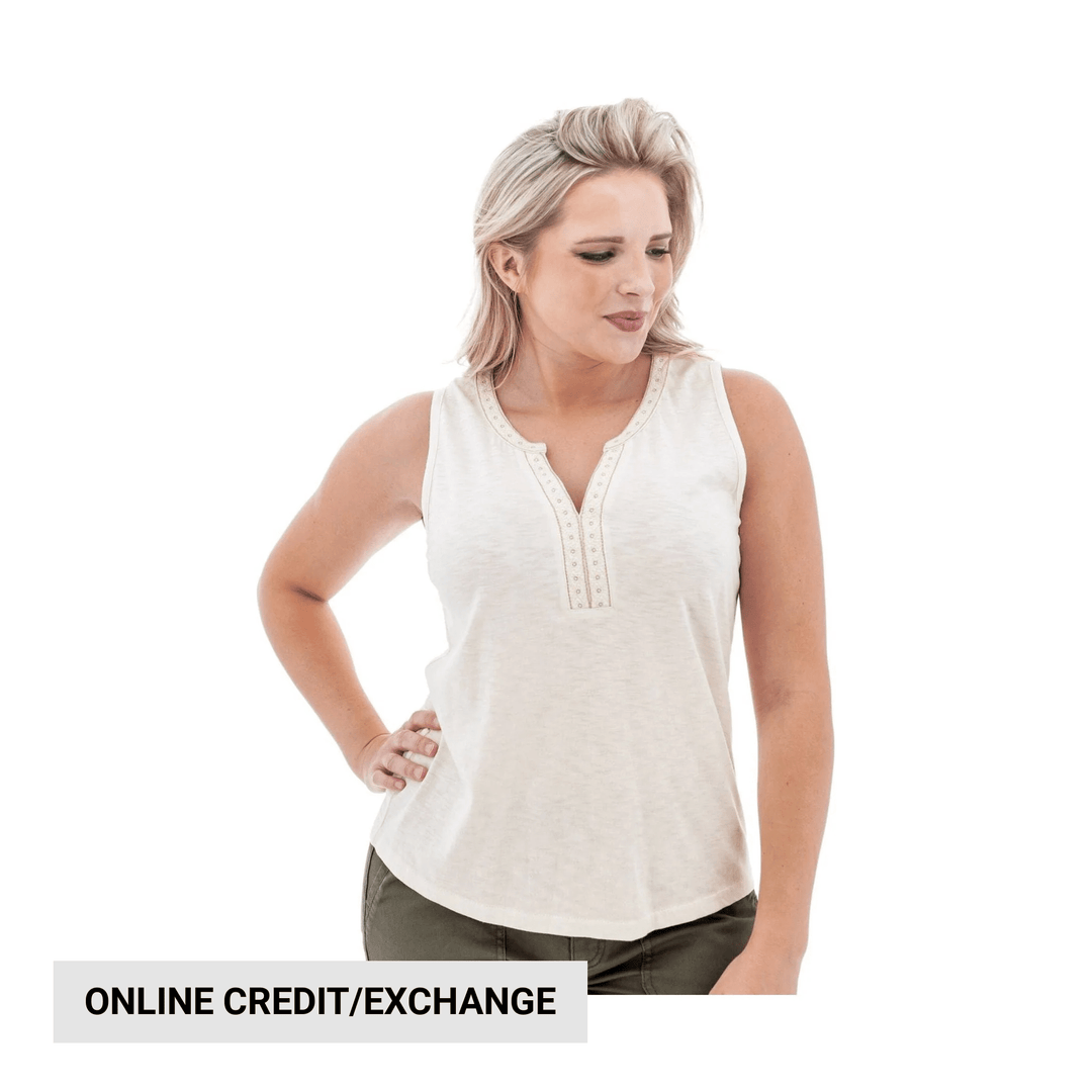 Cream sleeveless henley tank top with notched neckline on a model