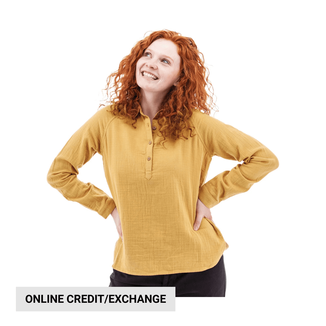 Mustard yellow long-sleeve button-front top with a mandarin collar