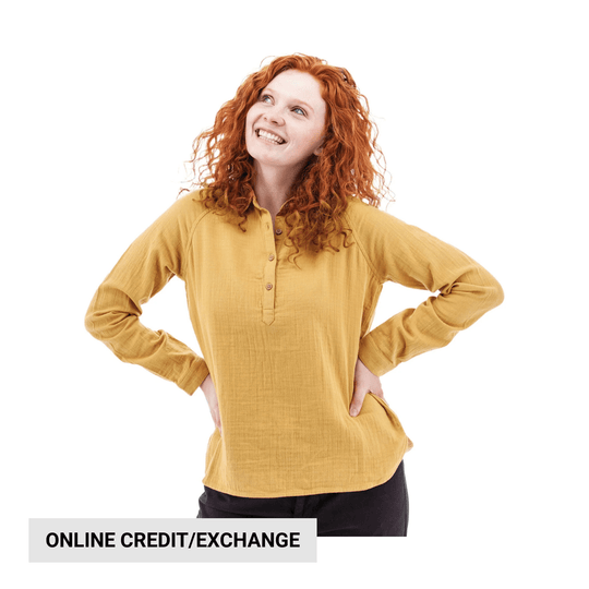 Mustard yellow long-sleeve button-front top with a mandarin collar