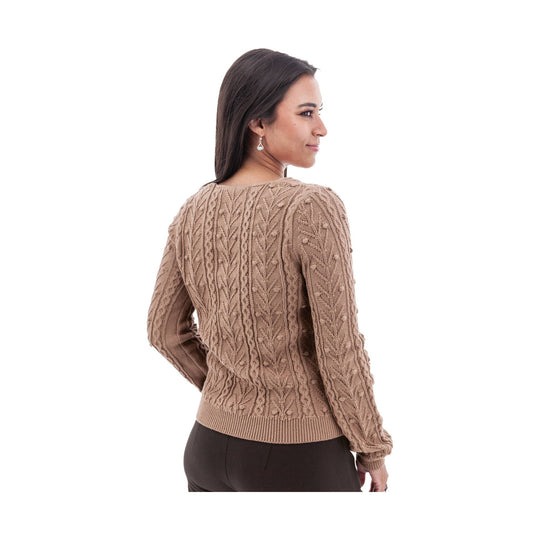 Taupe cable-knit sweater shown from the back on a model