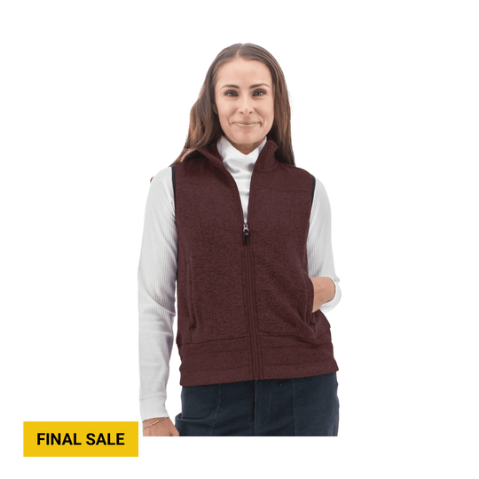 Maroon zip-front fleece vest over a white ribbed top