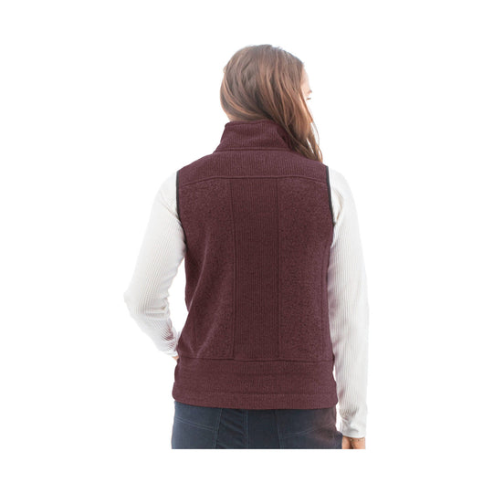 Burgundy fleece vest with a high collar, shown from the back over a white long-sleeve top