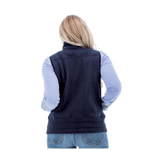 Navy quilted vest worn over a light blue long-sleeve shirt, shown from the back