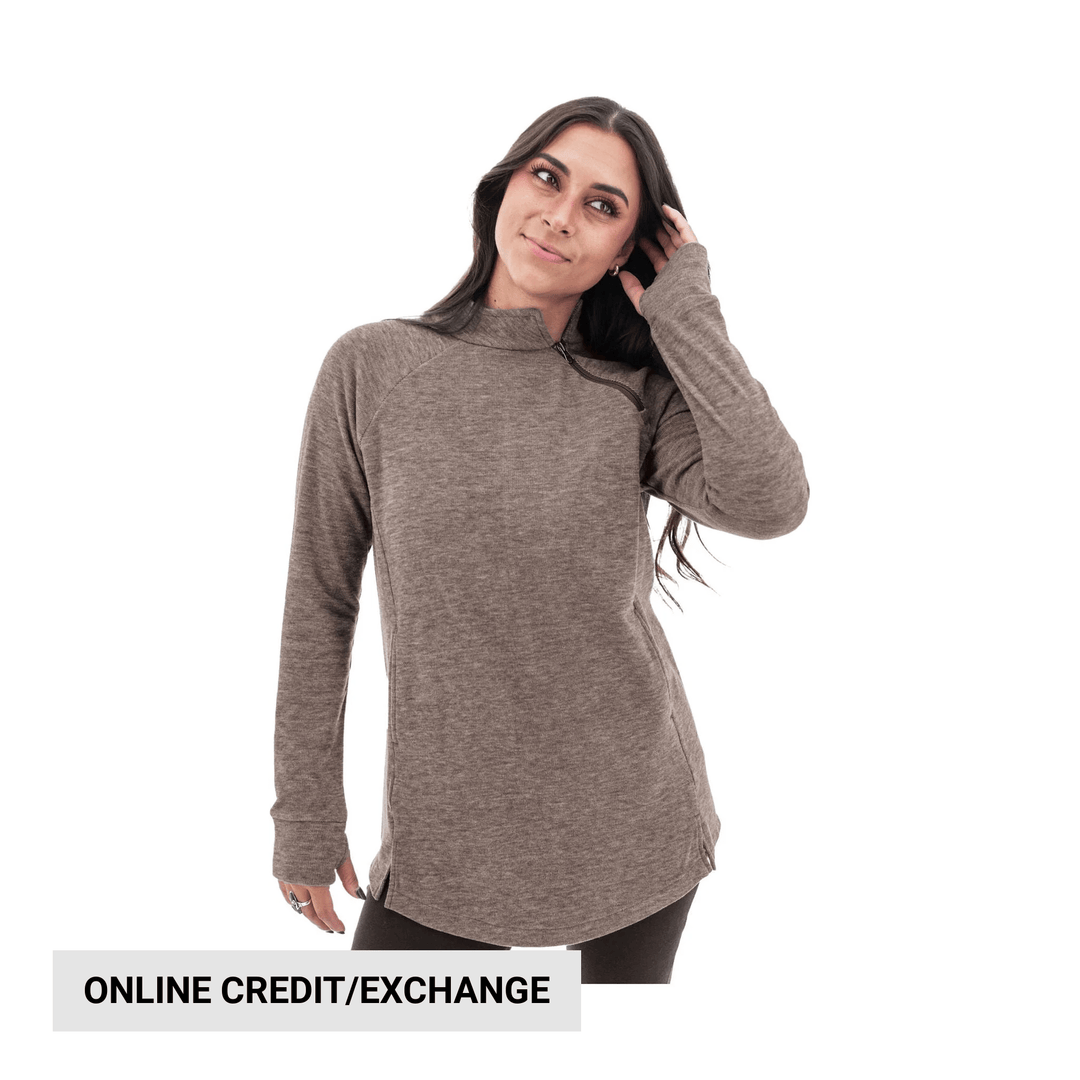 Taupe long-sleeve fleece tunic with a short half-zip collar