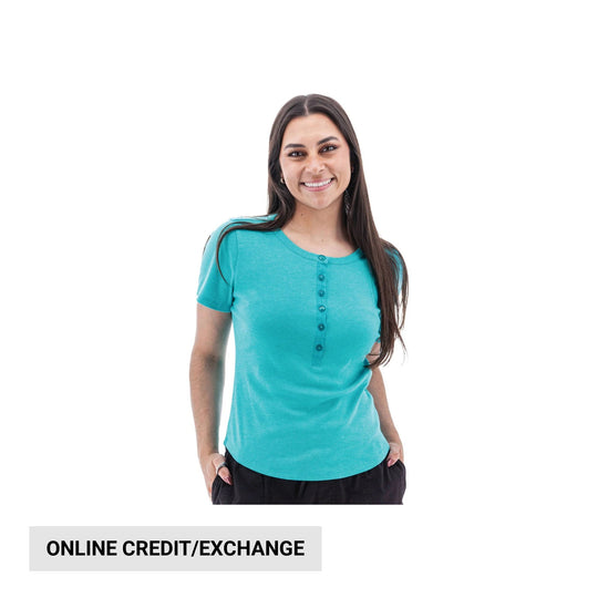Teal short-sleeve henley shirt with button placket, worn by a woman on a white background