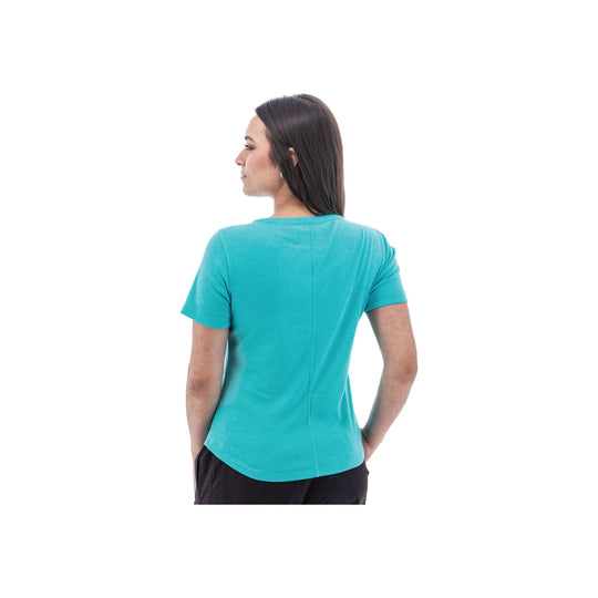 Teal short-sleeve V-neck T-shirt shown from the back