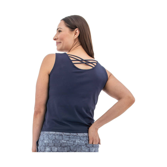 Navy sleeveless workout tank top with crisscross straps at the back