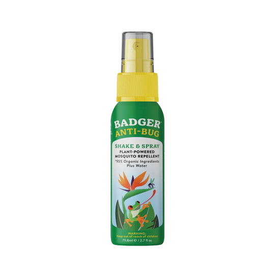 Green mosquito repellent spray bottle with yellow pump cap