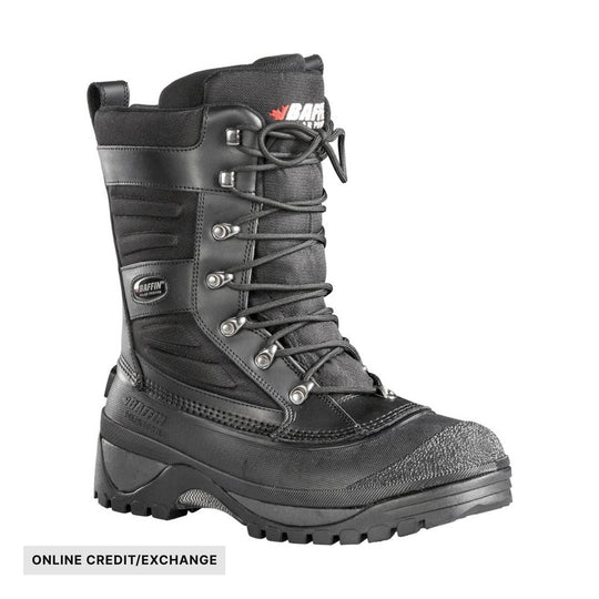 Black insulated winter boot with tall shaft, bungee laces, and ONLINE CREDIT/EXCHANGE banner