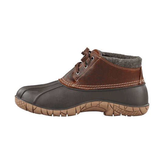 Brown and black winter boot with lace-up leather upper, gray wool cuff, and tan treaded sole