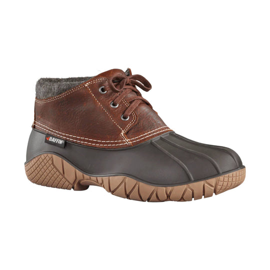 Brown leather winter boot with gray rubber sole, lace-up front, and wool collar