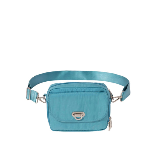 Teal crossbody camera bag with flap pocket and adjustable strap