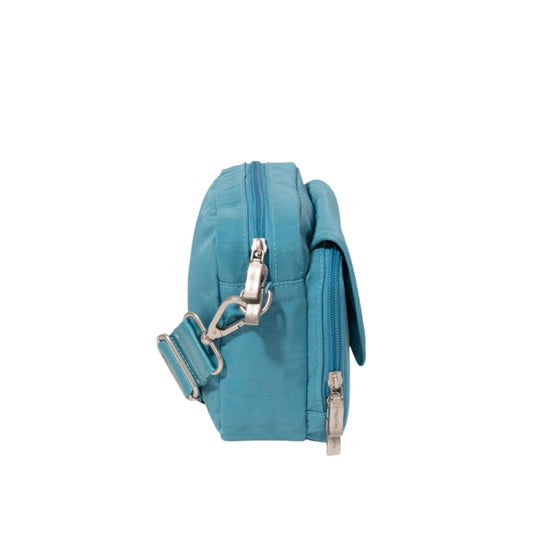 Teal crossbody camera bag with zipper compartments and a detachable strap