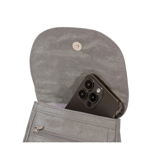 Gray crossbody bag with a front flap, zippered pocket, and a phone tucked into the exterior pocket
