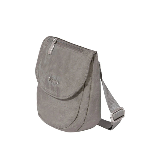Small silver shimmer crossbody bag with adjustable strap and front zip pockets