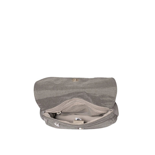 Small gray crossbody bag with a flap top and open zippered main compartment