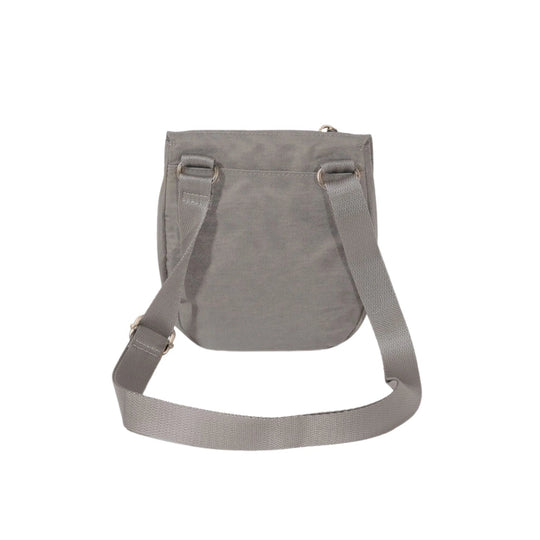 Gray crossbody bag with top flap, front patch pocket, and adjustable shoulder strap