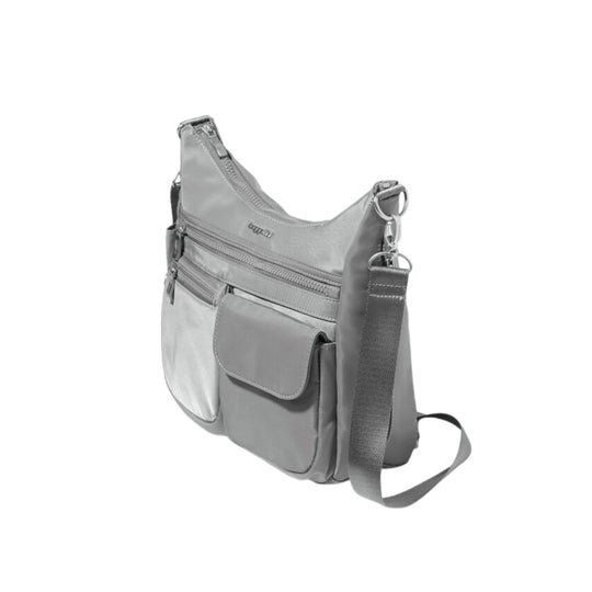 Gray crossbody bag with multiple zippered front pockets and a wide shoulder strap