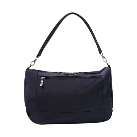 Navy shoulder bag with a curved top handle, front zip pocket, and silver hardware
