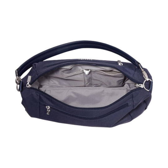 Navy half-moon shoulder bag with top handle, front zip pocket, and open main compartment