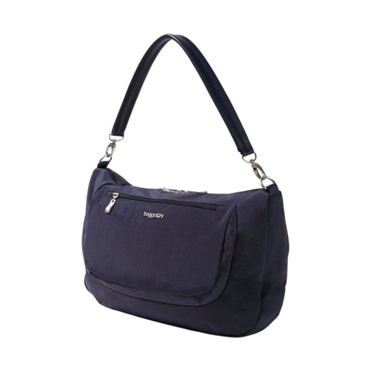 Navy shoulder bag with a front zip pocket and adjustable strap